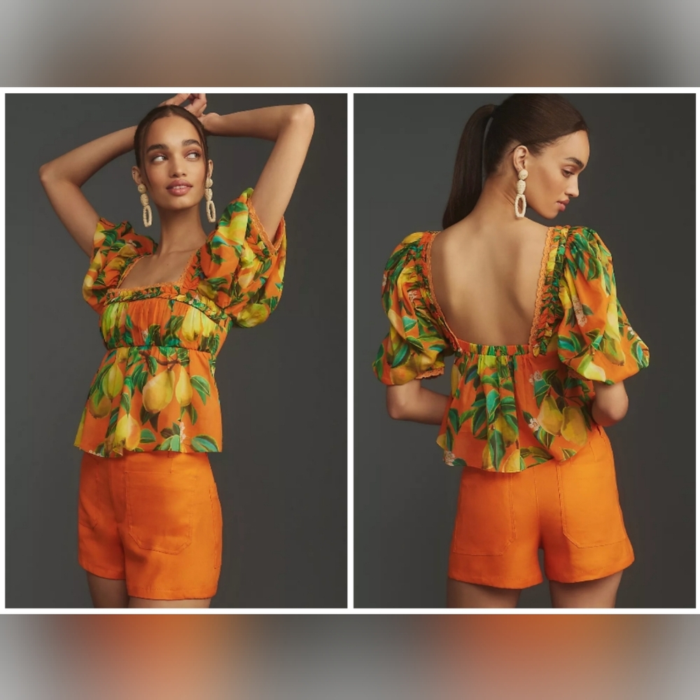 NWT Farm Rio x Anthropologie Orange Chic Pears Short Puff Sleeve Blouse